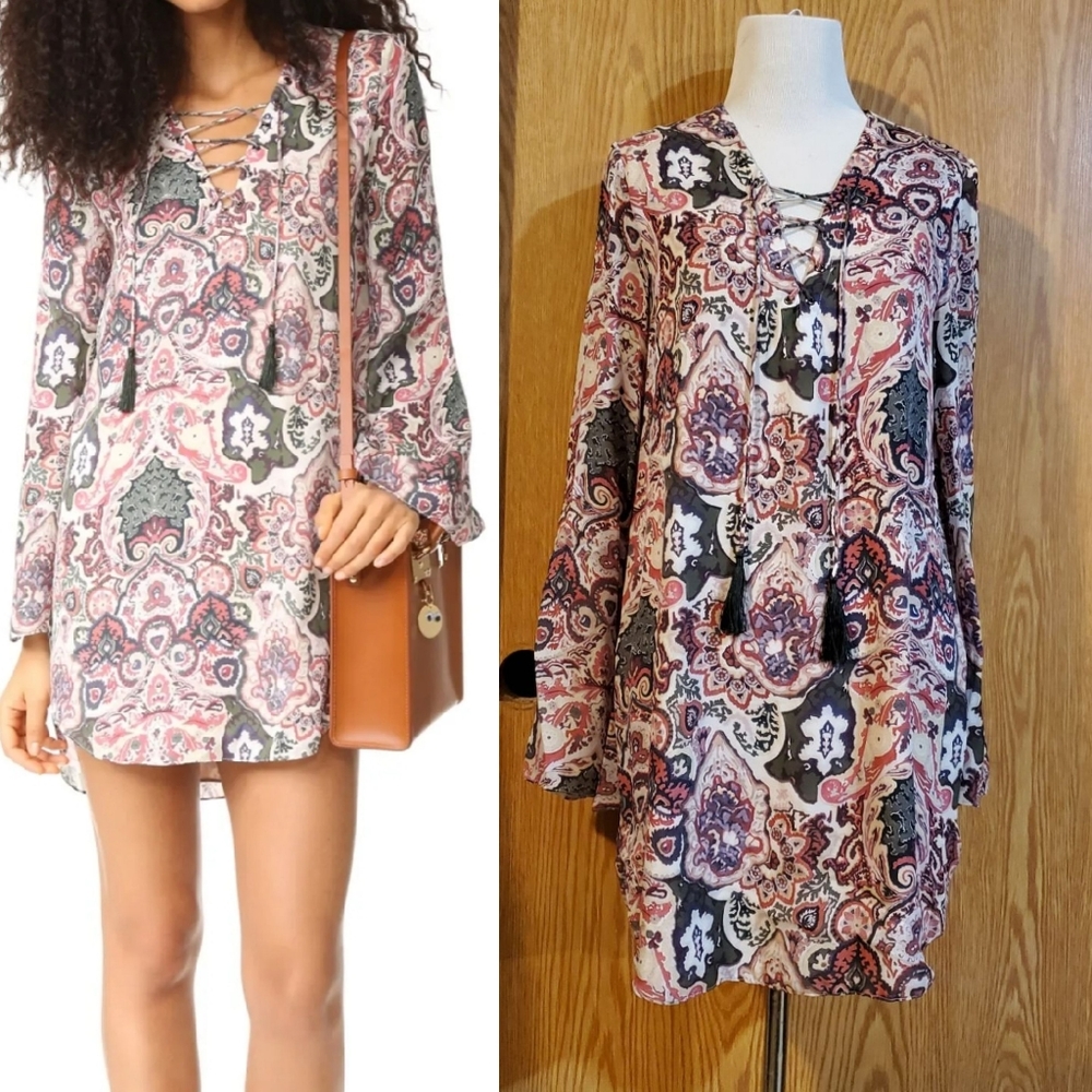 Haute Hippie floral lace up mini silk dress lined boho size XS
